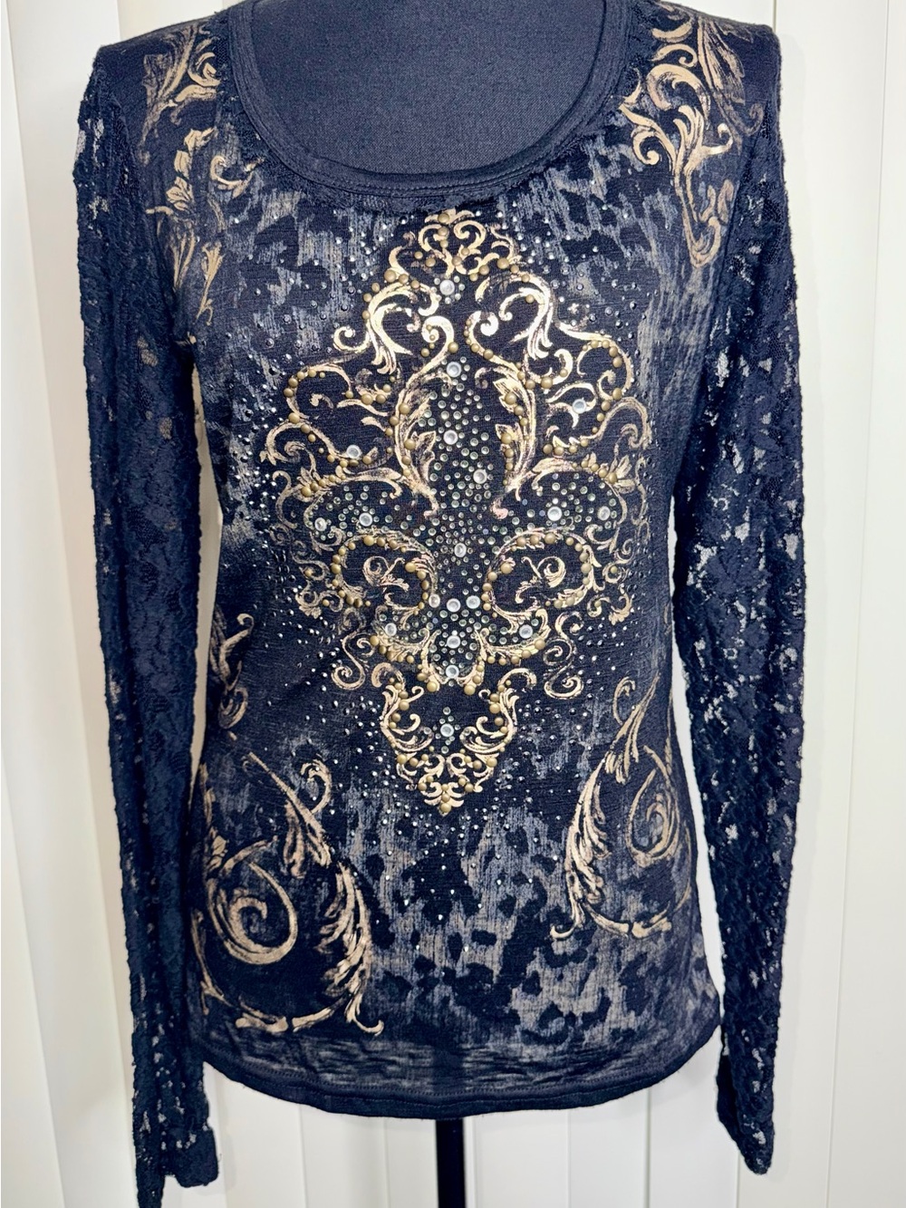 Miss Me Womens Black Gold Embellished Top Lace Long Sleeve Blackout Western Sz S